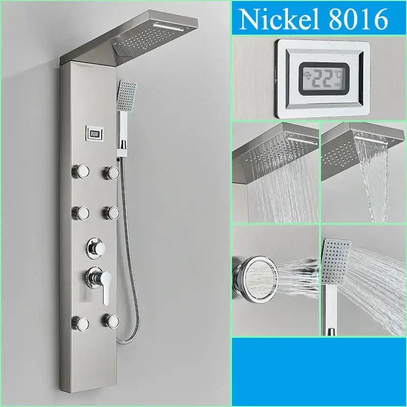 Nickel 8016 modern black shower panel with multiple spray heads and digital temperature display for bathroom decorbites black shower panel rainfall system