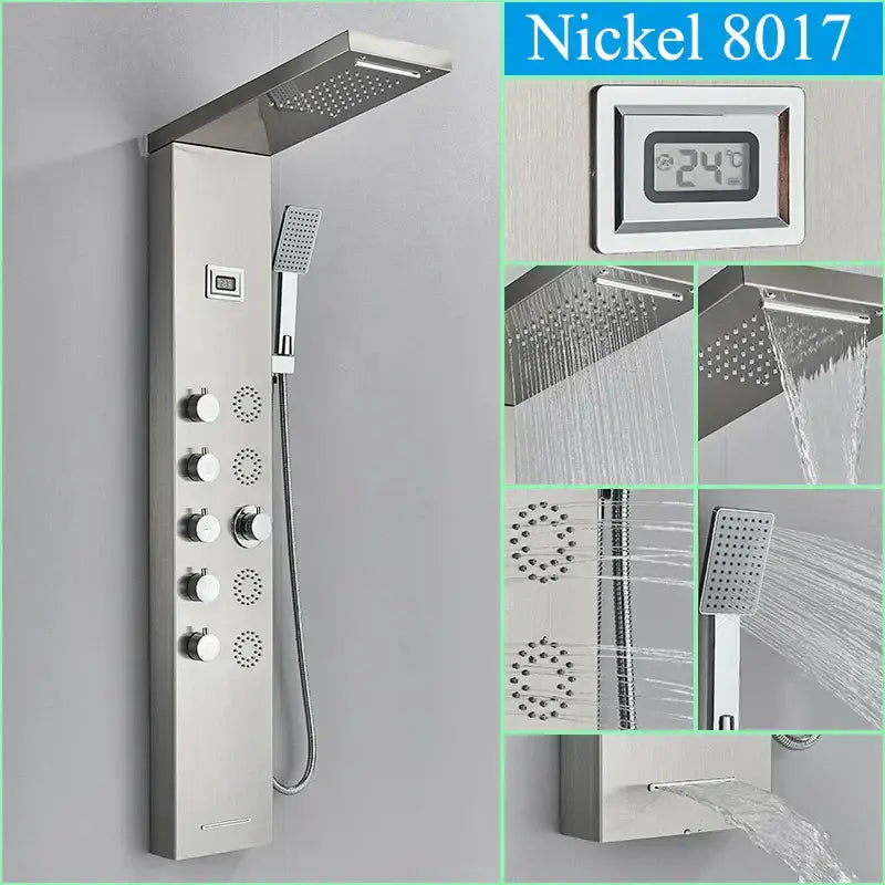 Modern black shower panel rainfall waterfall system with nickel 8017 finish and digital temperature display decorbites black shower panel