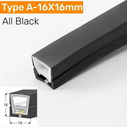 All-black 16x16mm black silicone tube rubber seal strip with smooth exterior and reinforced internal structure for led channel