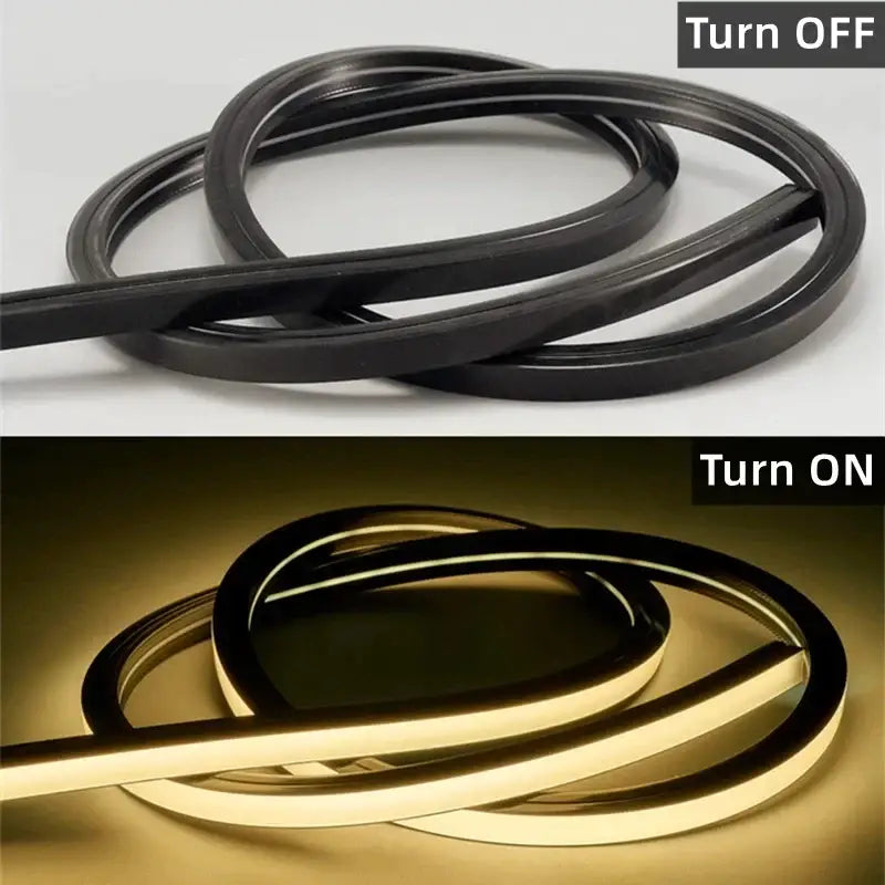 Modern black silicone tube flexible led channel outdoor light emitting a warm golden glow when turned on