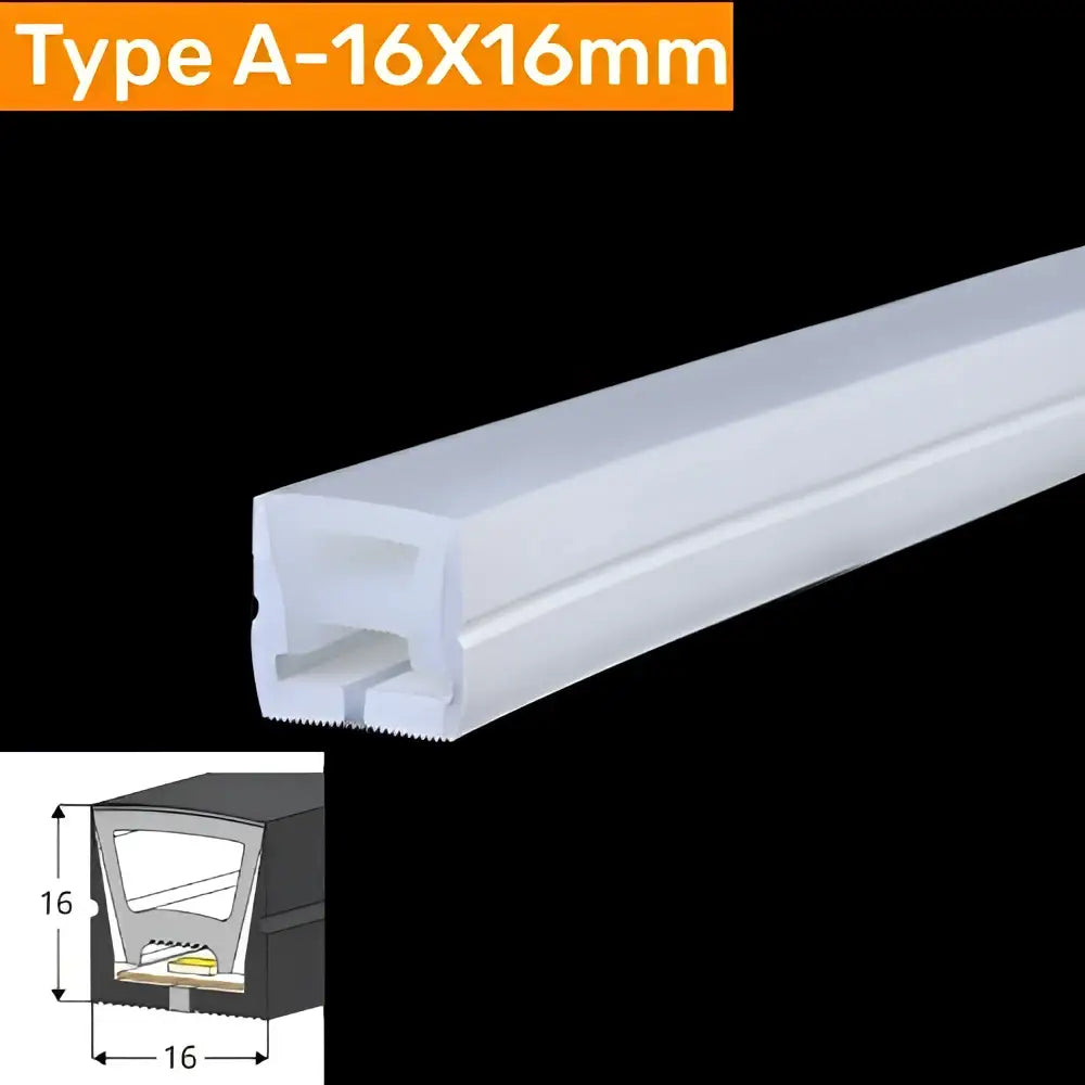 White 16mm x 16mm led strip light housing with rectangular cross-section and internal channel for mounting leds in black silicone tube