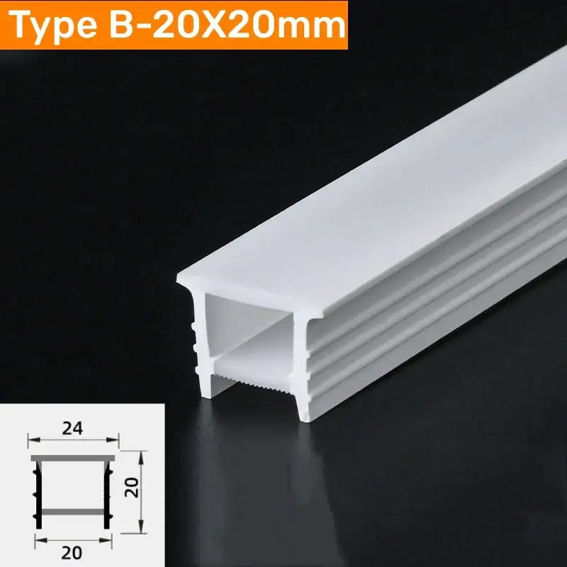 White plastic led light strip channel type b-20x20mm for use with black silicone tube flexible outdoor led lighting