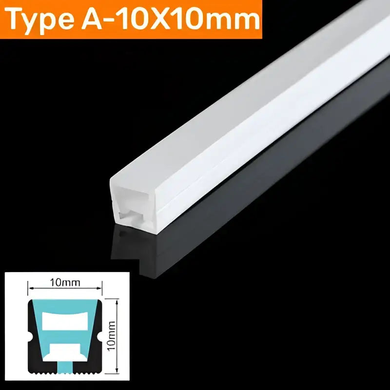 White 10mm x 10mm type a led strip light with frosted finish in a modern black silicone tube flexible outdoor channel
