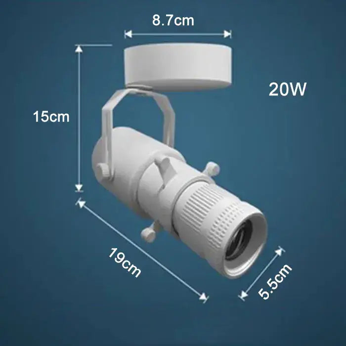 White 20w adjustable led track spotlight with cylindrical body and textured lens housing for decorbites adjustable led use
