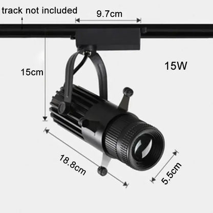 Modern black adjustable led track spotlight with cylindrical ribbed body and adjustable lens for decorbites adjustable led lighting