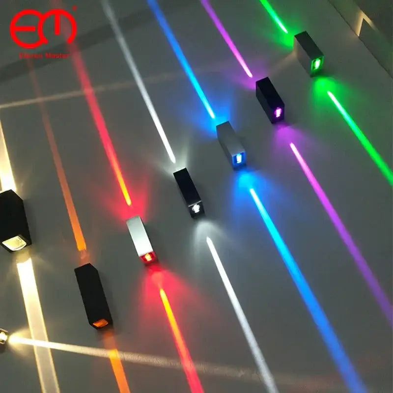 Modern black and silver aluminum wall lamp with colorful led strip lights emitting vibrant beams for outdoor use
