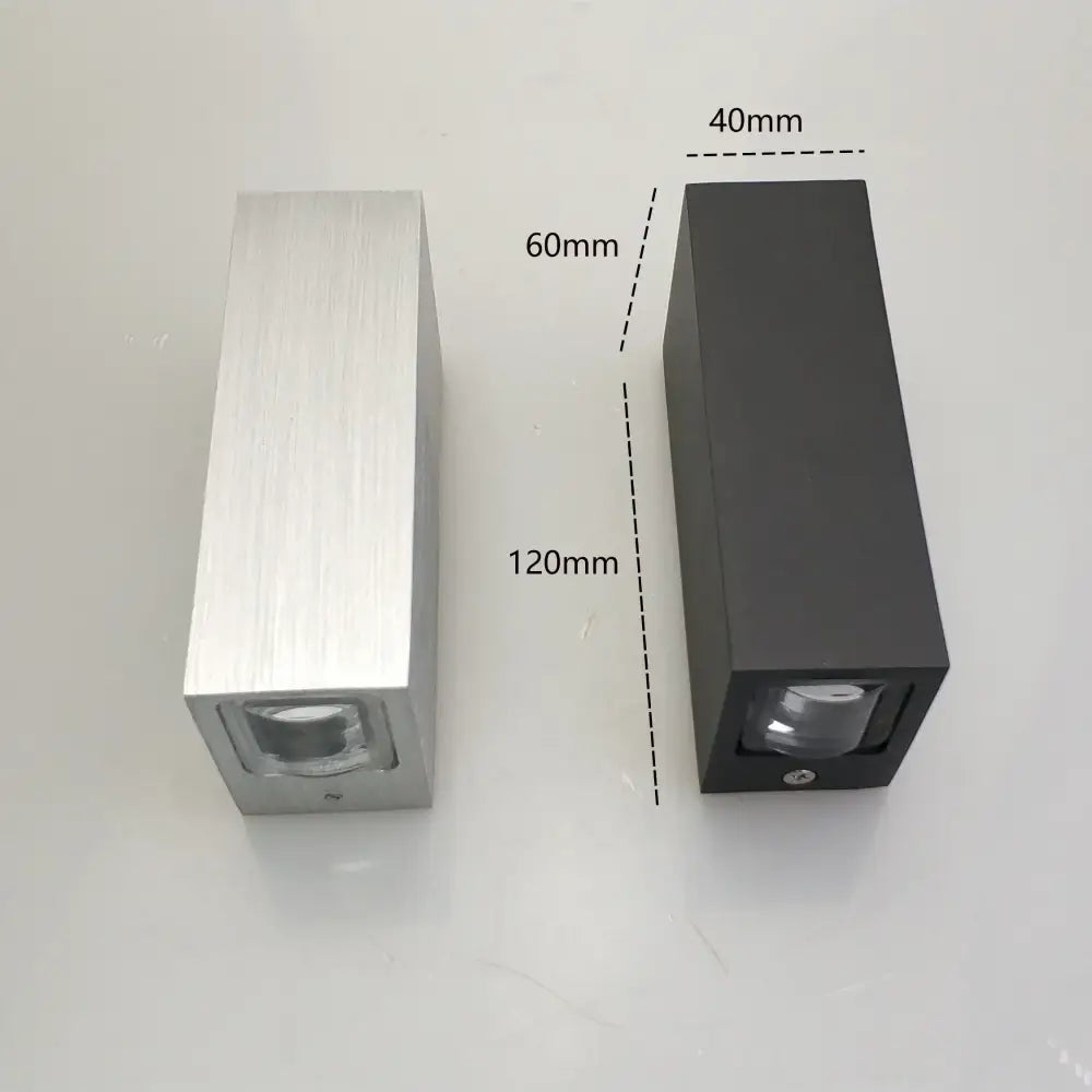 Modern black and silver aluminum wall lamp with rectangular brushed metal and matte black led light fixtures for outdoor use