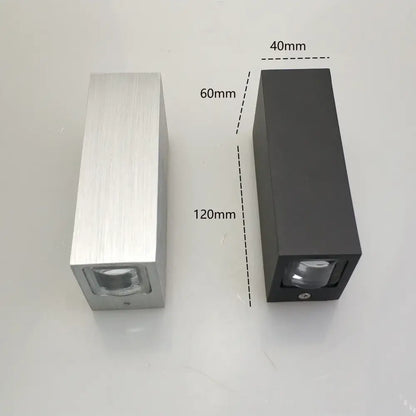 Modern black and silver aluminum wall lamp with rectangular brushed metal and matte black led light fixtures for outdoor use