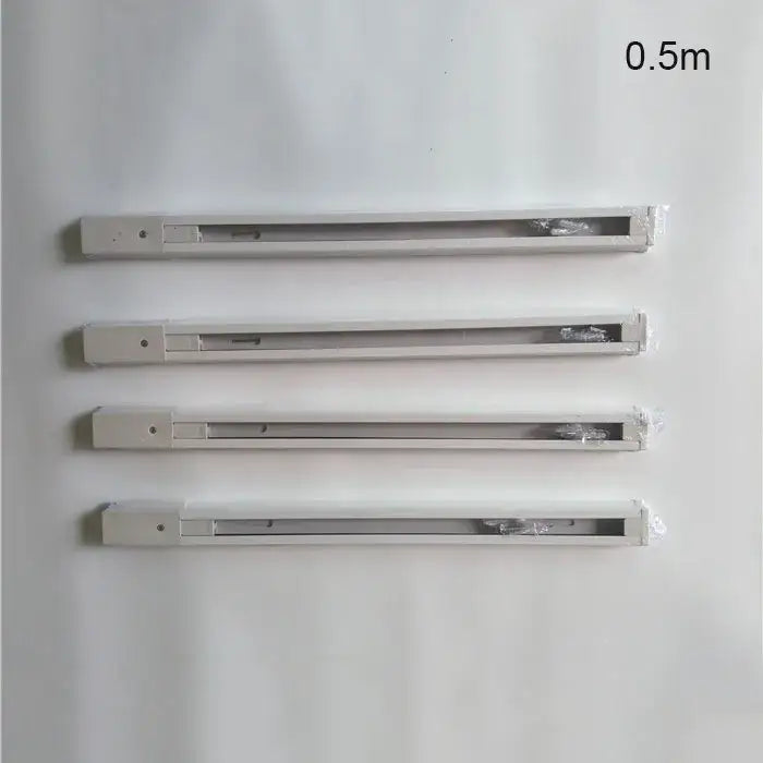 Four white aluminum track lighting fixtures 0.5m long with visible components for decorbites ceiling track rail connector set
