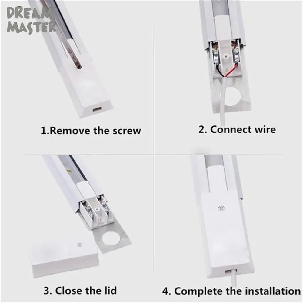 White rectangular led light strip with integrated wiring and mounting hardware in decorbites ceiling track rail connector set