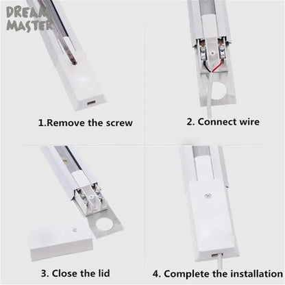 White rectangular led light strip with integrated wiring and mounting hardware in decorbites ceiling track rail connector set