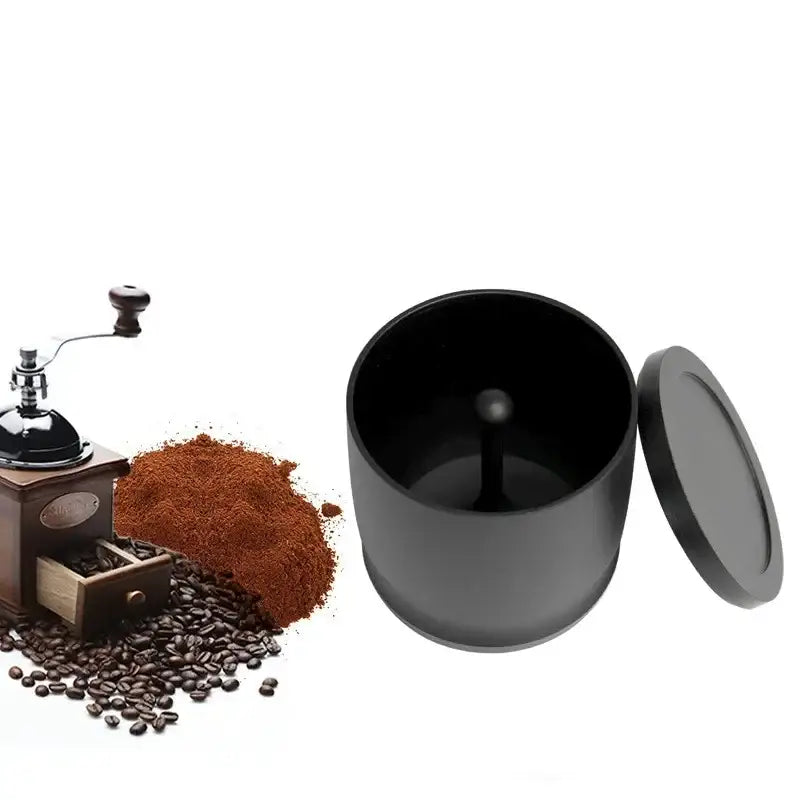Modern black and silver coffee dosing ring tamper bowl with a cylindrical grinding container and matching lid