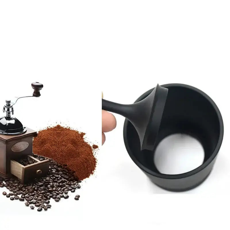 Black plastic coffee scoop with handle and slotted design for measuring beans in modern dosing ring tamper bowl set