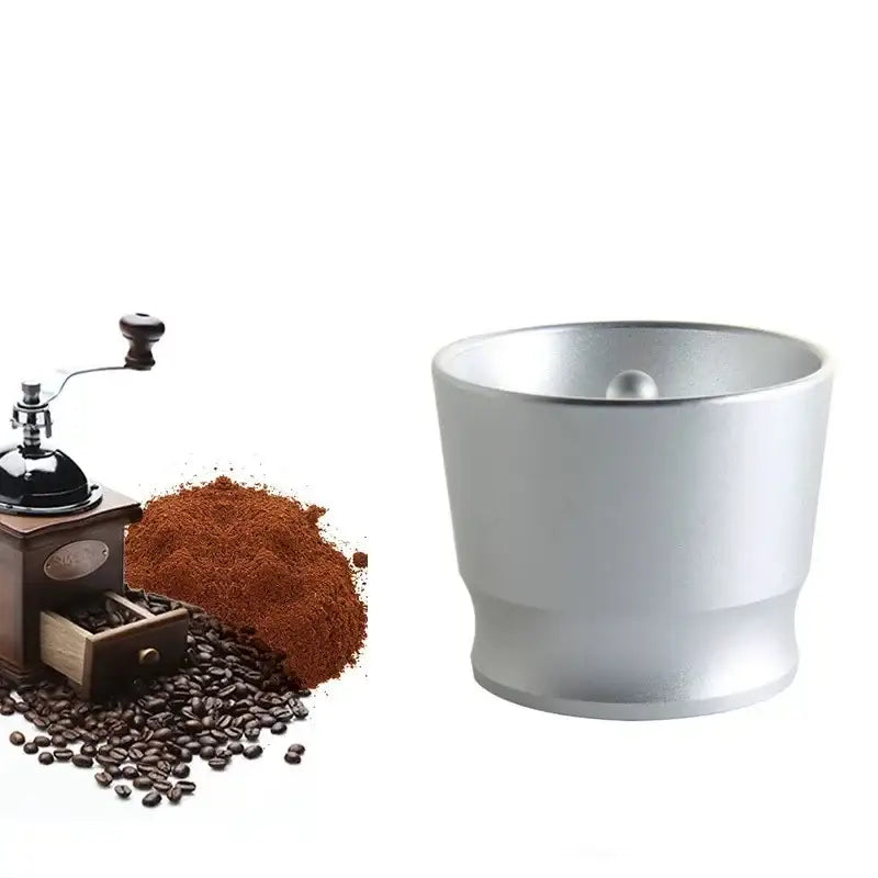 Silver metallic coffee grinder container as part of modern black and silver dosing ring tamper bowl kitchen tool