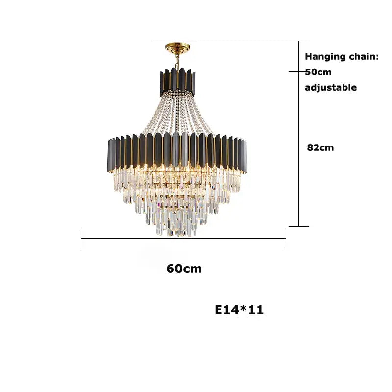Elegant modern black and gold décorbites crystal led chandelier with cascading crystal tiers for dining room lighting