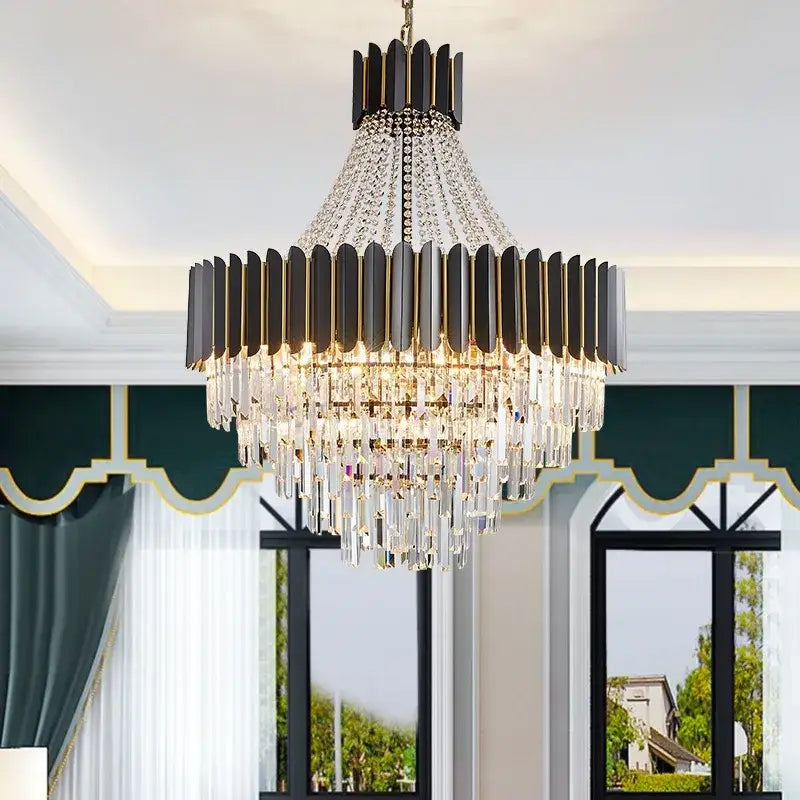 Elegant modern black and gold crystal led chandelier with cascading prisms by decorbites for dining room decor