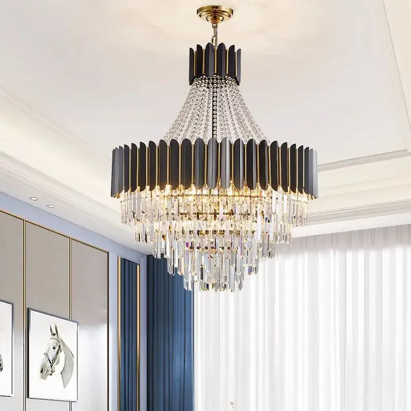 Elegant modern black and gold decorbites crystal led chandelier with cascading crystal droplets for dining room decor
