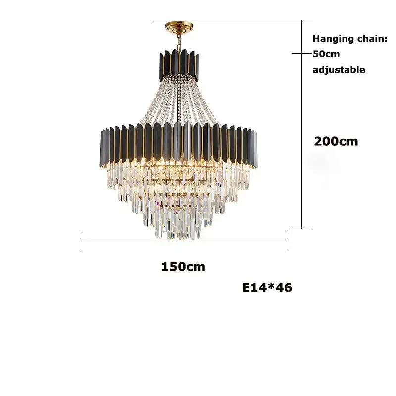 Elegant modern black and gold decorbites crystal led chandelier with two tiers and crystal droplets, 200cm height for dining room
