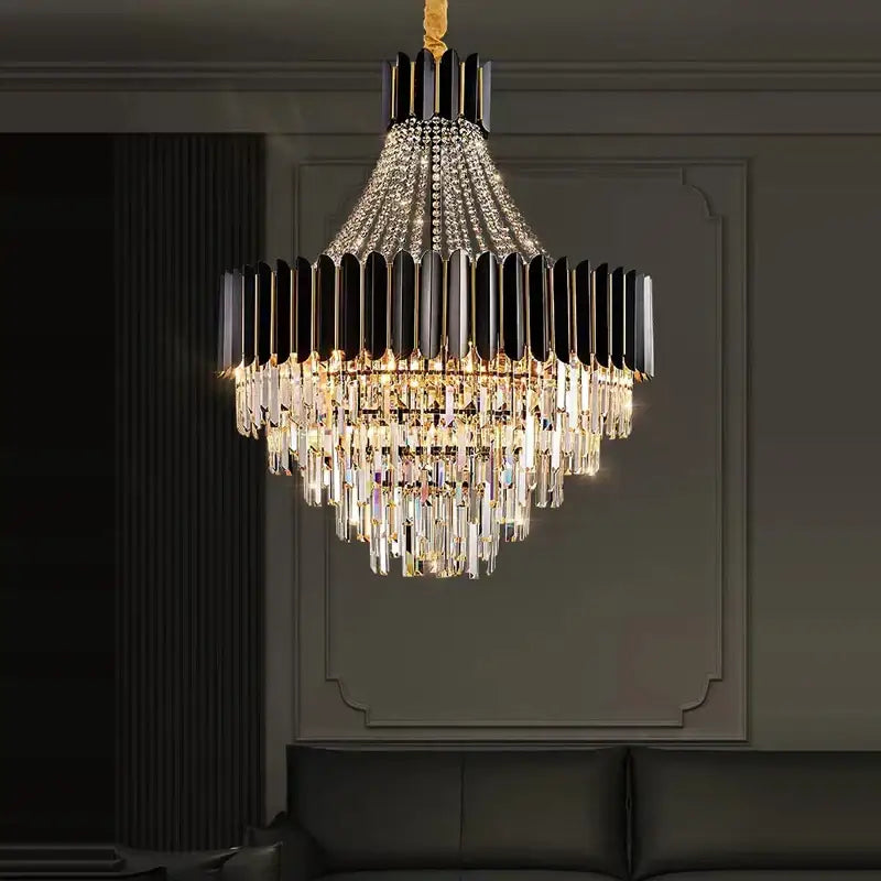Modern black and gold decorbites crystal led chandelier with cascading clear crystal prisms for dining room decor
