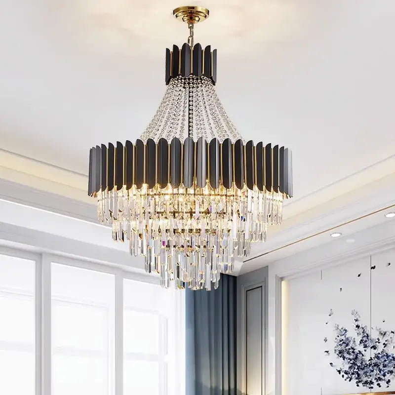 Modern black and gold decorbites crystal led chandelier with vertical panels and cascading prisms for dining room light
