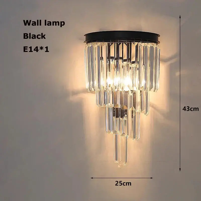 Modern black wall lamp with cascading clear crystal prisms and e14 bulb in decorbites crystal led chandelier style