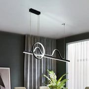 Modern black and silver DecorBites™ island lamp with curvy line and ring metallic design LED pendant light