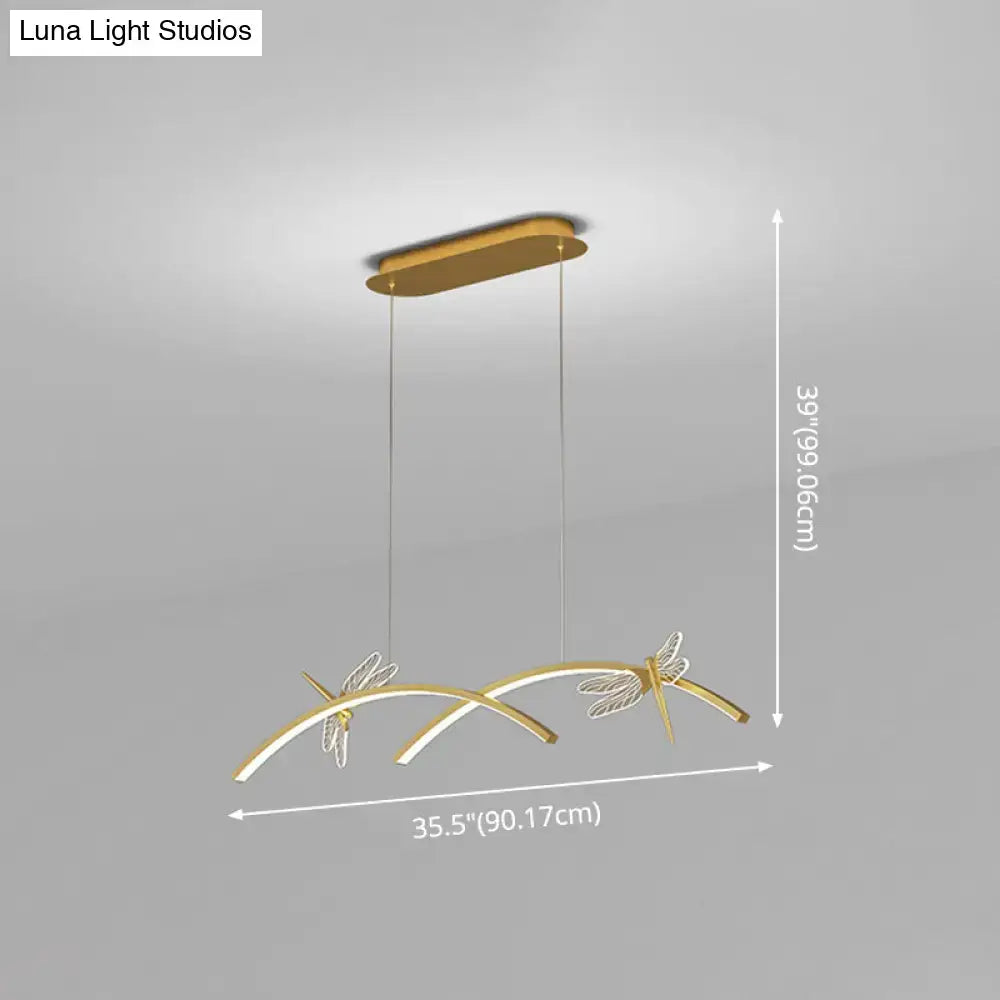 Gold-finished dragonfly ceiling light with sleek arched arms and delicate wings featuring stepless dimming for restaurants