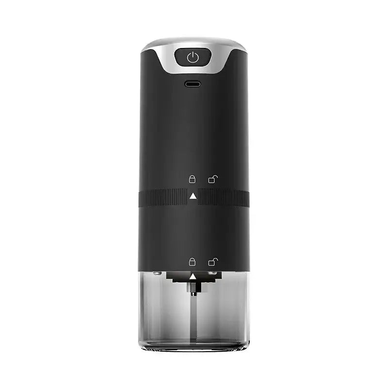 Modern black and silver portable electric coffee tamper barista grinder with transparent base for viewing grounds
