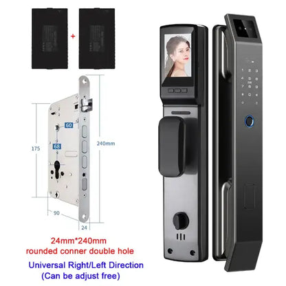 Modern black and silver aluminium alloy door lock with face recognition touchscreen video monitor and fingerprint sensor