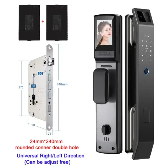 Modern black and silver aluminium alloy door lock with face recognition touchscreen video monitor and fingerprint sensor