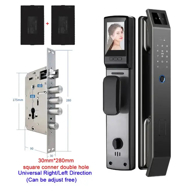 Modern black and silver face recognition door lock with aluminium alloy body, touchscreen, keypad, and fingerprint sensor
