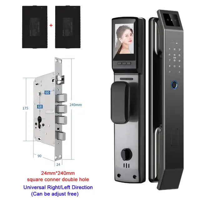 Modern black and silver aluminium alloy door lock with face recognition touchscreen keypad and fingerprint sensor for front door