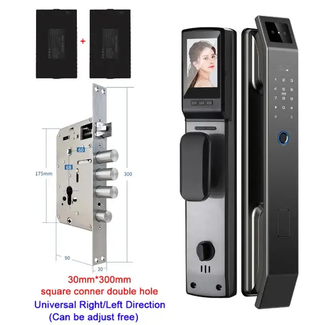 Modern black and silver aluminium alloy door lock with face recognition touchscreen keypad and fingerprint sensor front door