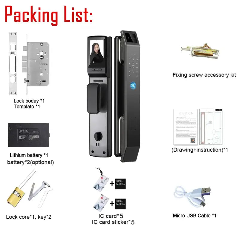Modern black and silver aluminium alloy door lock with face recognition touchscreen and fingerprint sensor for front door