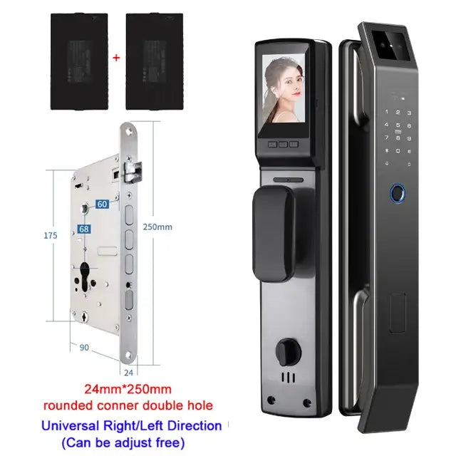 Modern black and silver aluminium alloy face recognition smart door lock with touchscreen keypad fingerprint sensor and camera