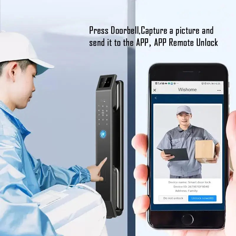 Modern black and silver aluminium alloy door lock with face recognition and blue illuminated keypad for front door security