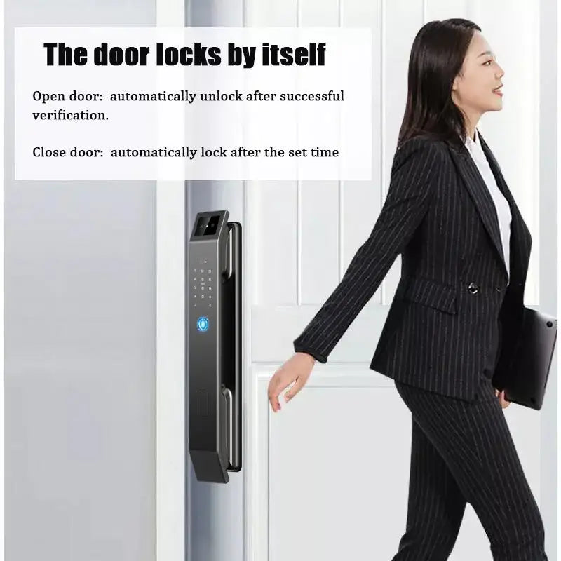 Modern black and silver face recognition smart door lock with digital keypad and aluminium alloy front door design