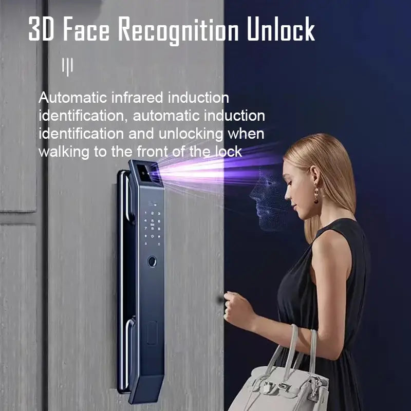A sleek dark blue aluminium alloy door lock with face recognition sensor and keypad for modern front doors
