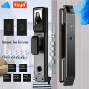 Modern black and silver aluminium alloy smart door lock with face recognition touchscreen keypad fingerprint sensor and camera