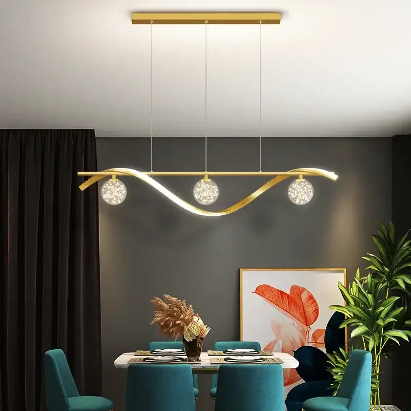 Modern black and silver glass ball led pendant light with gold-toned curved design and three spherical decorbites glass ball bulbs