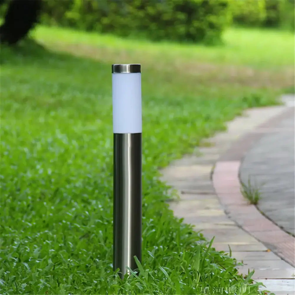 Modern black silver landscape path light with sleek stainless steel base and frosted white diffuser for outdoor decorbites decor