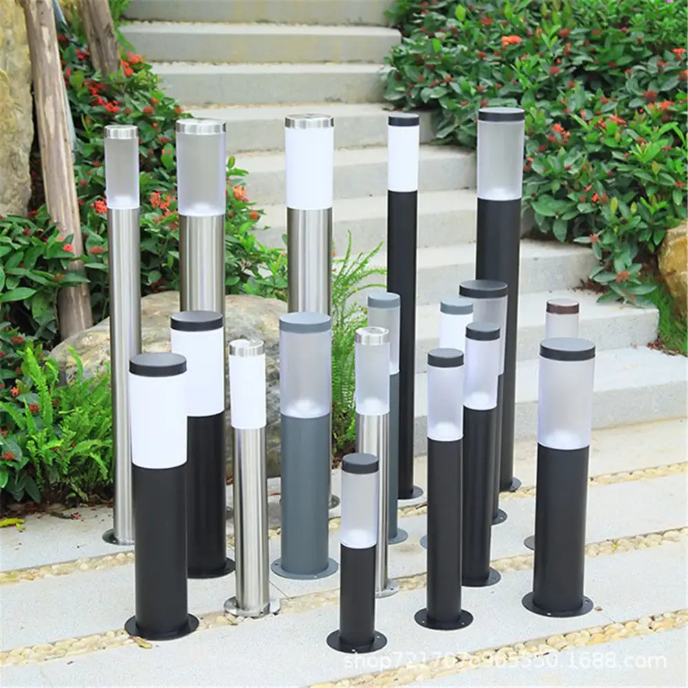 Modern black silver landscape path light with sleek cylindrical design and frosted shades on metallic bases decorbites black silver