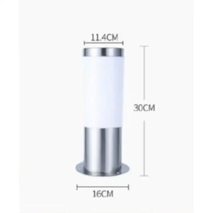 A sleek 30cm frosted glass path light with polished stainless steel top for decorbites black silver landscape use