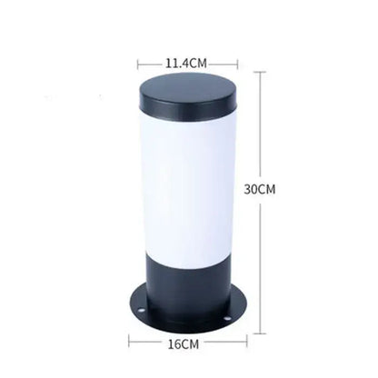 A sleek 30cm tall modern black silver landscape path light with a white translucent body and black top and base