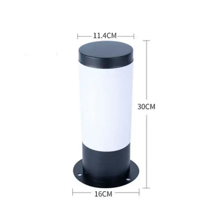 A sleek 30cm tall modern black silver landscape path light with a white translucent body and black top and base