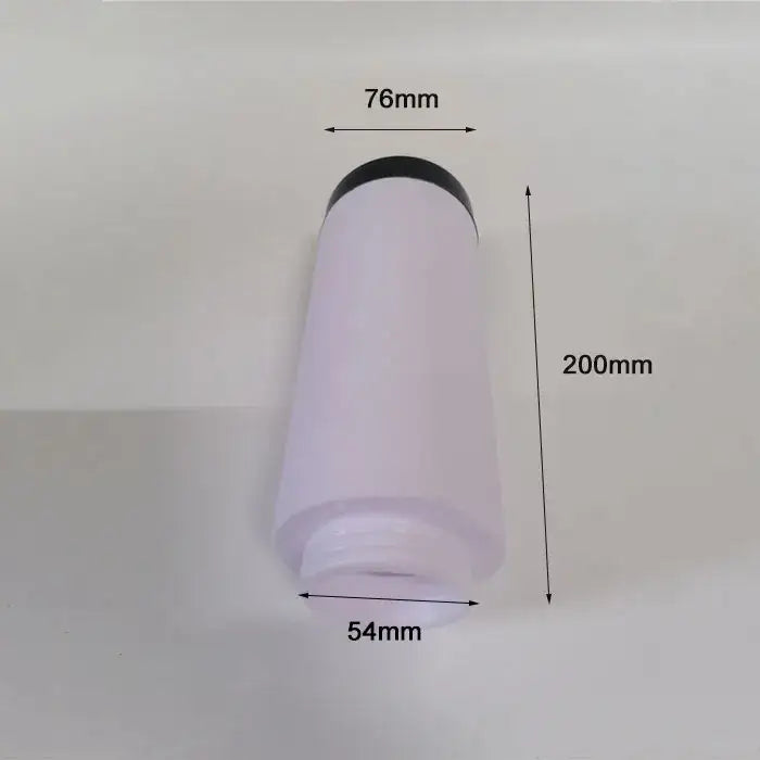 A translucent white plastic bottle with black cap and wider base alongside decorbites black silver path light garden decor