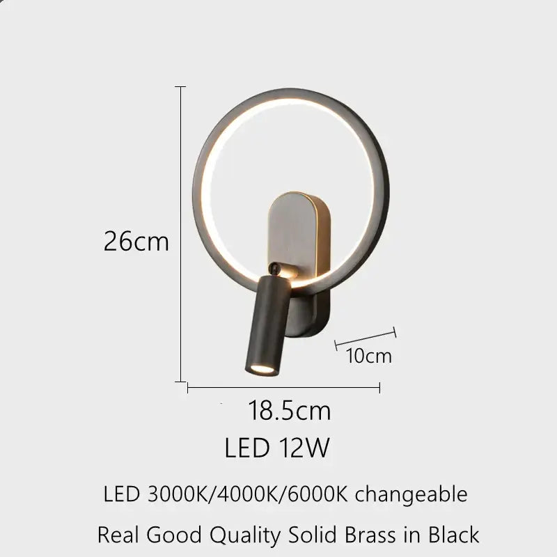 Modern black solid brass circular led wall lamp with adjustable spotlight for bedroom decorbites brass copper led design