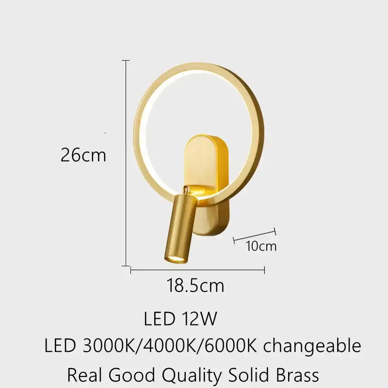 Modern black and silver wall lamp with gold brass copper led circular sconce and adjustable warm white lighting