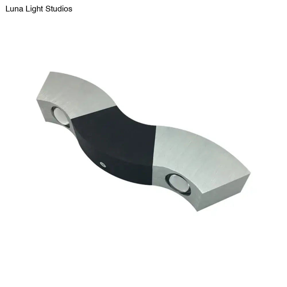 Modern black and silver led wall sconce with dual-light fixture width 10in and sleek curved design for living room