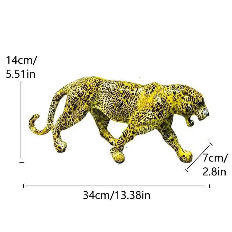 A vibrant yellow decorbites leopard panther figurine with black rosettes in a dynamic walking pose for living room decor